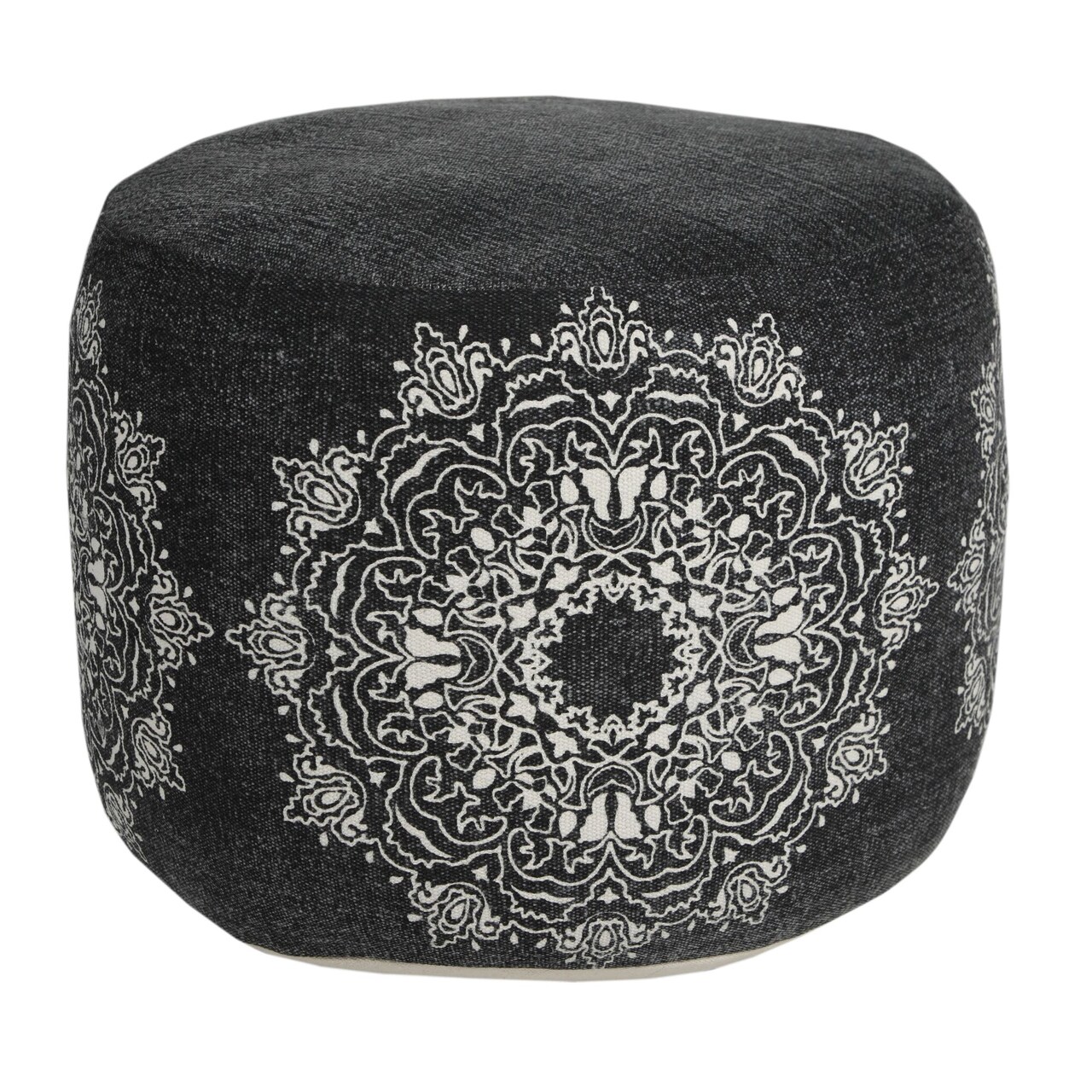 Laddha Home Designs 18" Black and White Mandala Medallion Round Pouf Ottoman